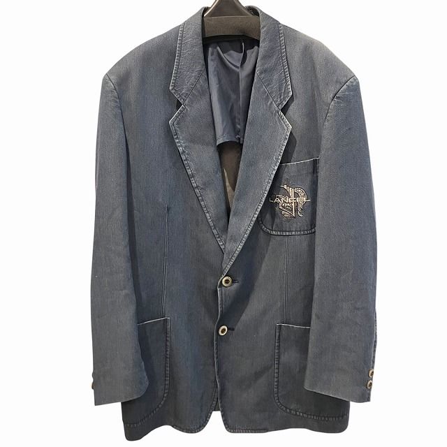 ランセル 90s テーラードジャケット ロゴ刺繍 シングル 2B 背抜き デニム調生地 福助 M 濃紺 インディゴ ■GY09