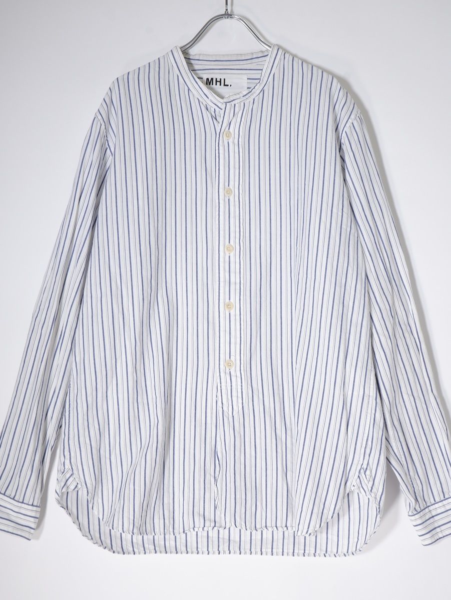 MHL. MARGARET HOWELLマーガレットハウエル バンドカラー コットンリネンストライプシャツ【L】【MSHA70934】