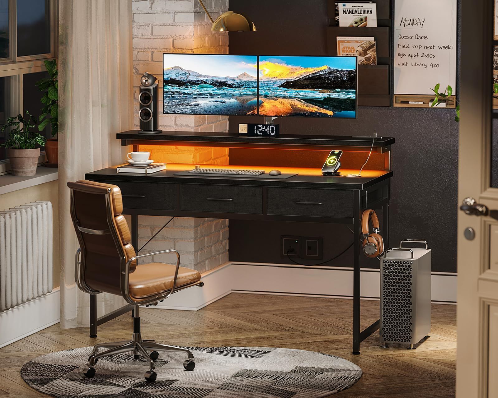 数量 ゲームデスク モニター台付き 子 コンセント-LED付き desk 在宅ワーク computer pcデスク 一人暮らし 机 幅120cm 引き出し付き ブラック パソコンデスク ゲーミングデスク ODK