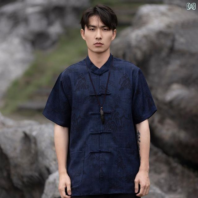 3XL メンズ ファッション 服 男性用 オシャレ シンプル 大人 かっこいい 大きいサイズ ストリート 紳士服 夏 スタイル トップス スタンド ボタン 半袖 シャツ プリントチュニック スーツ カンフー 唐 スーツ 服 シャツ USTAUSTRALIA_COM_AU