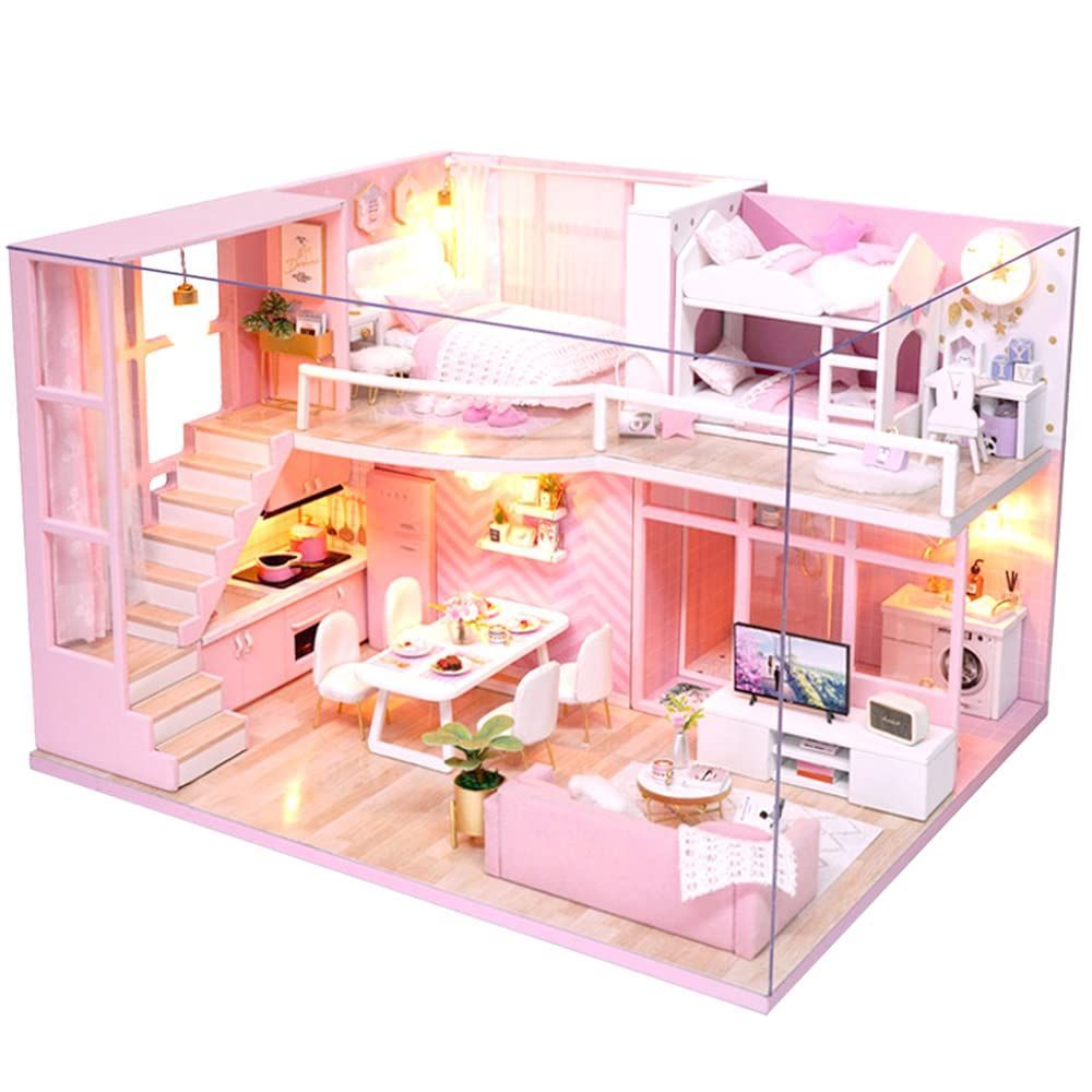 【在庫処分】ミニチュア 手作りキット セット 【 英語説明書 ドールハウス 】 DIY 二階建て モデルルーム 1/24 風 モダン ピンク フラワー moin 子供部屋 結婚祝い 子供 | moin LEDライト + アクリル