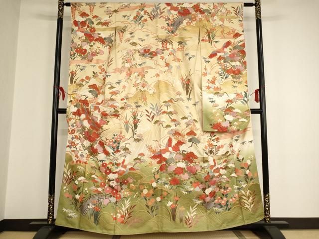 平和屋着物□豪華振袖 駒刺繍 飛鶴花文 暈し染め 金彩 正絹 逸品