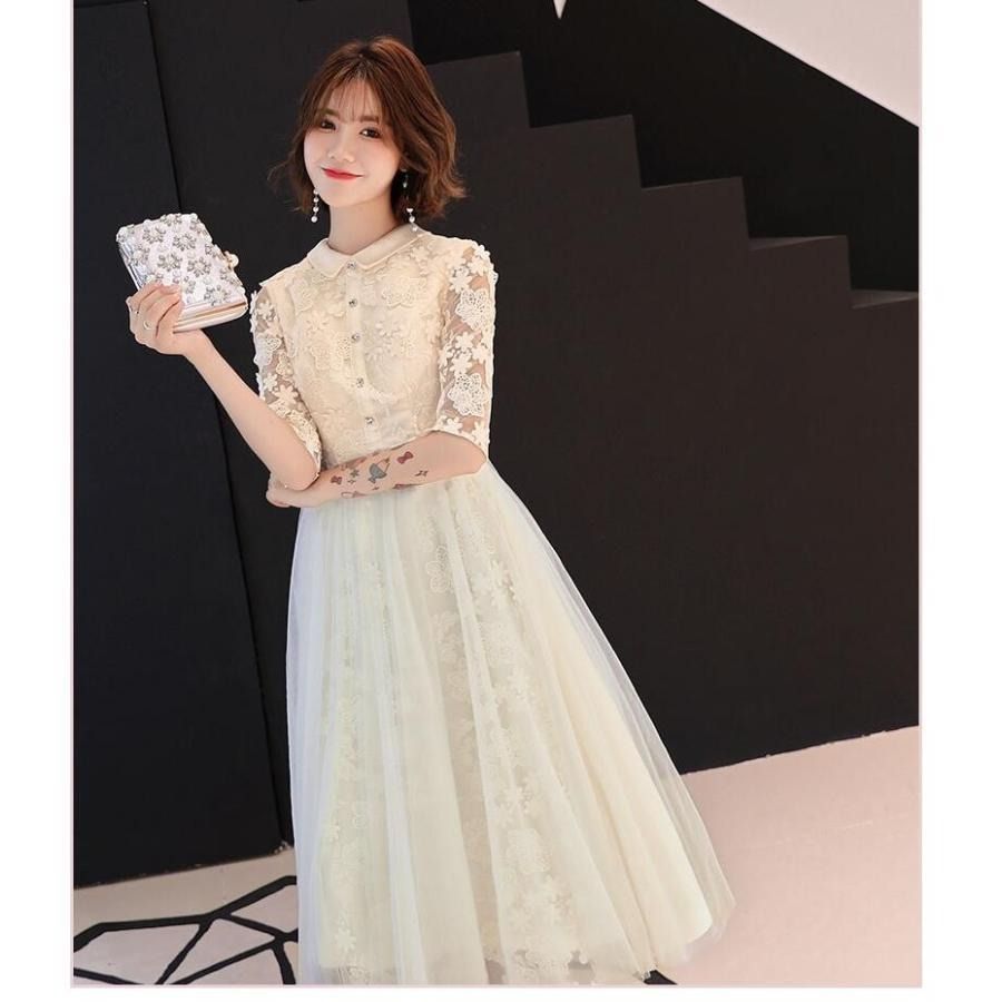 Aラインワンピ 袖あり パーティードレス ミモレドレス ウエディングドレス 20代 30代40代 お呼ばれ 二次会 披露宴