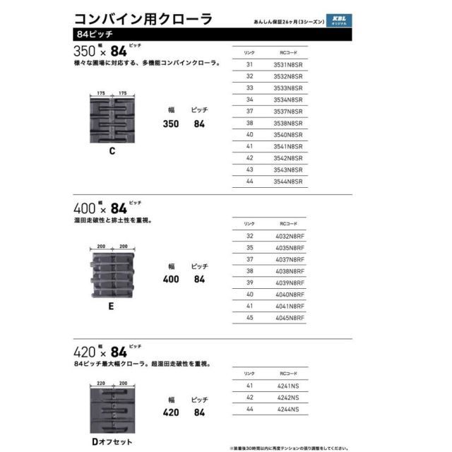 KBL コンバイン用ゴムクローラ 3532N8SR：幅 350xピッチ 84xリンク数 32 ※1本価格 - メルカリ