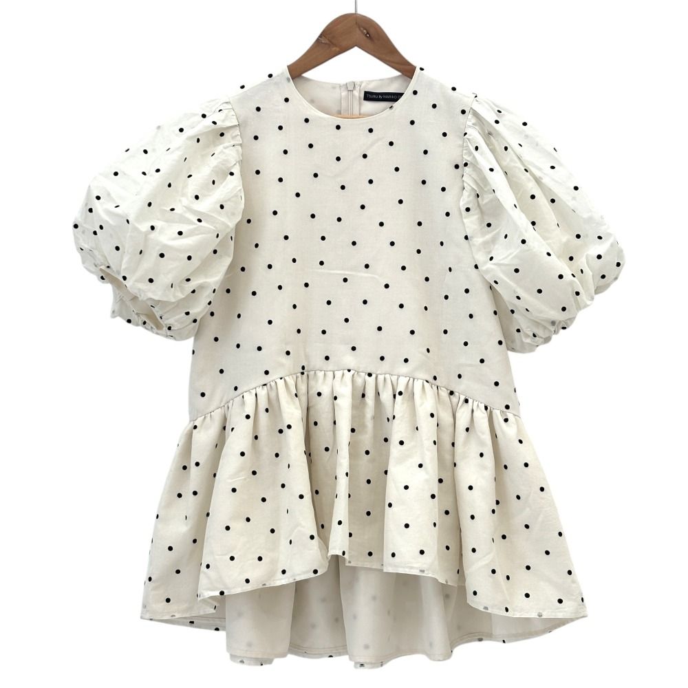 ツルバイマリコオイカワ ドットパフスリーブペプラムトップス ブラウス