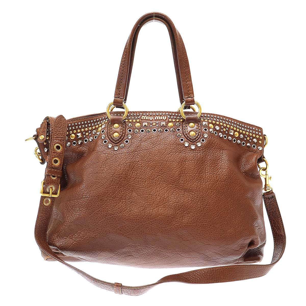 miu miuレザーショルダーバッグ ハンドバッグ バッグ 2way ブラウン miu miu ミュウミュウ 2WAY スタッズレザーショルダーバッグ ブラウン