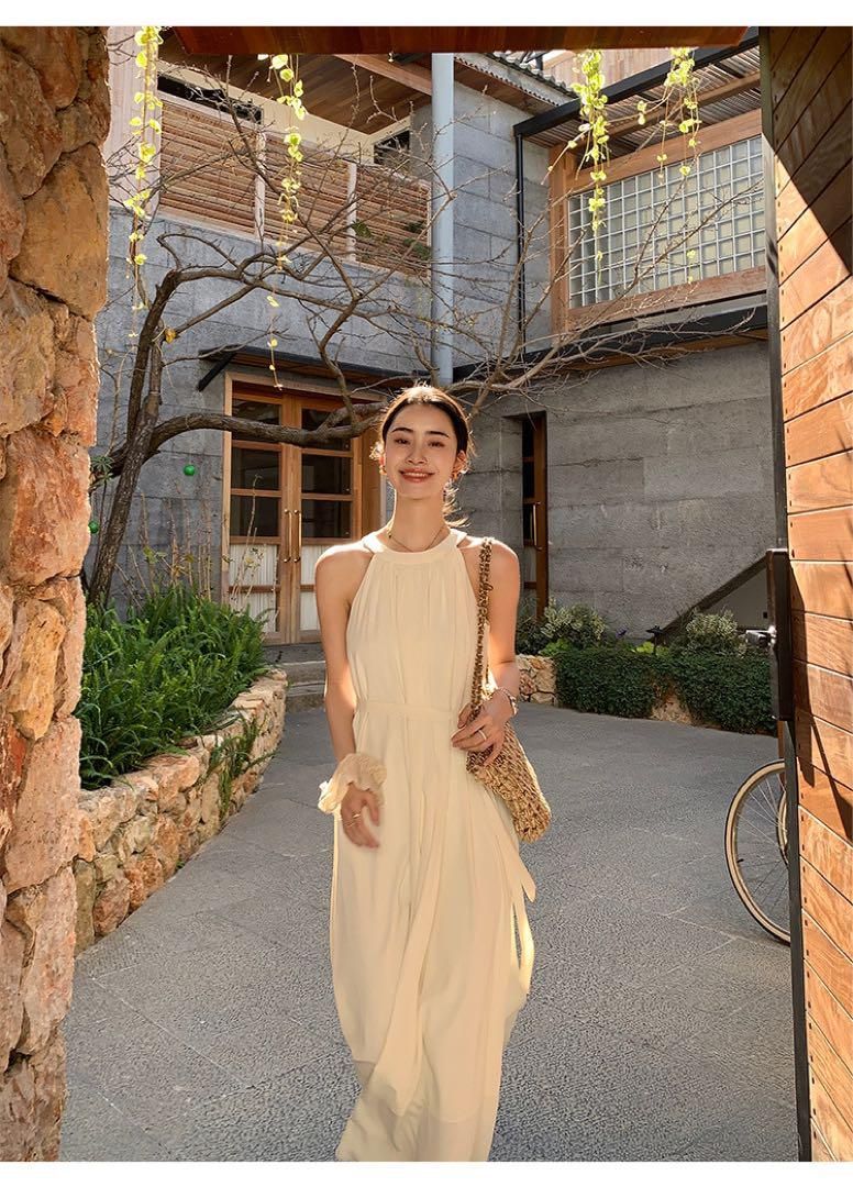 春のフレンチ風ホルターロングワンピース モテ服高見えデートにも最適