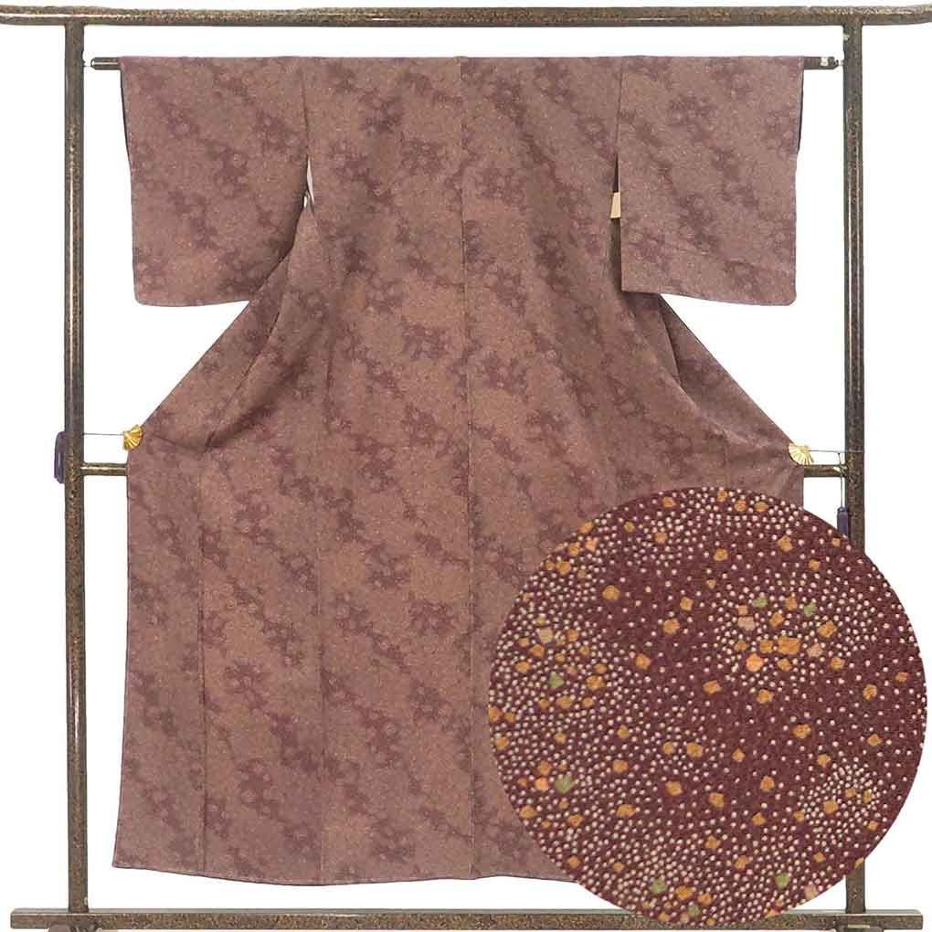 小紋 身丈155cm 裄62cm 前幅23cm 後幅28cm 袖丈47cm 袖幅32.5cm レディース 袷 抽象柄 裄Sサイズ 秋冬春用 正絹 シルク パープル リメイク リユース リサイクル 呉服のきくや