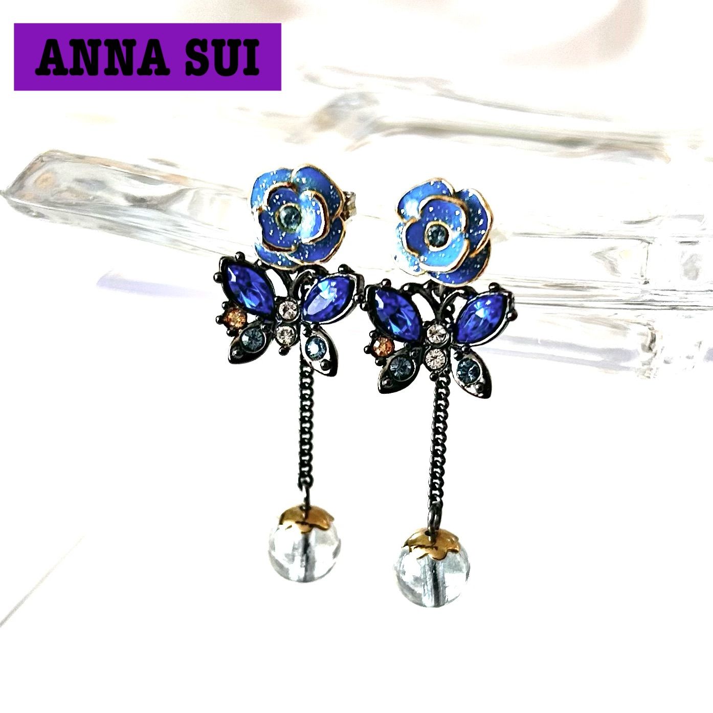 ANNA SUI アナスイ ローズ＆バタフライマルチWAYスイングピアス ブルー 