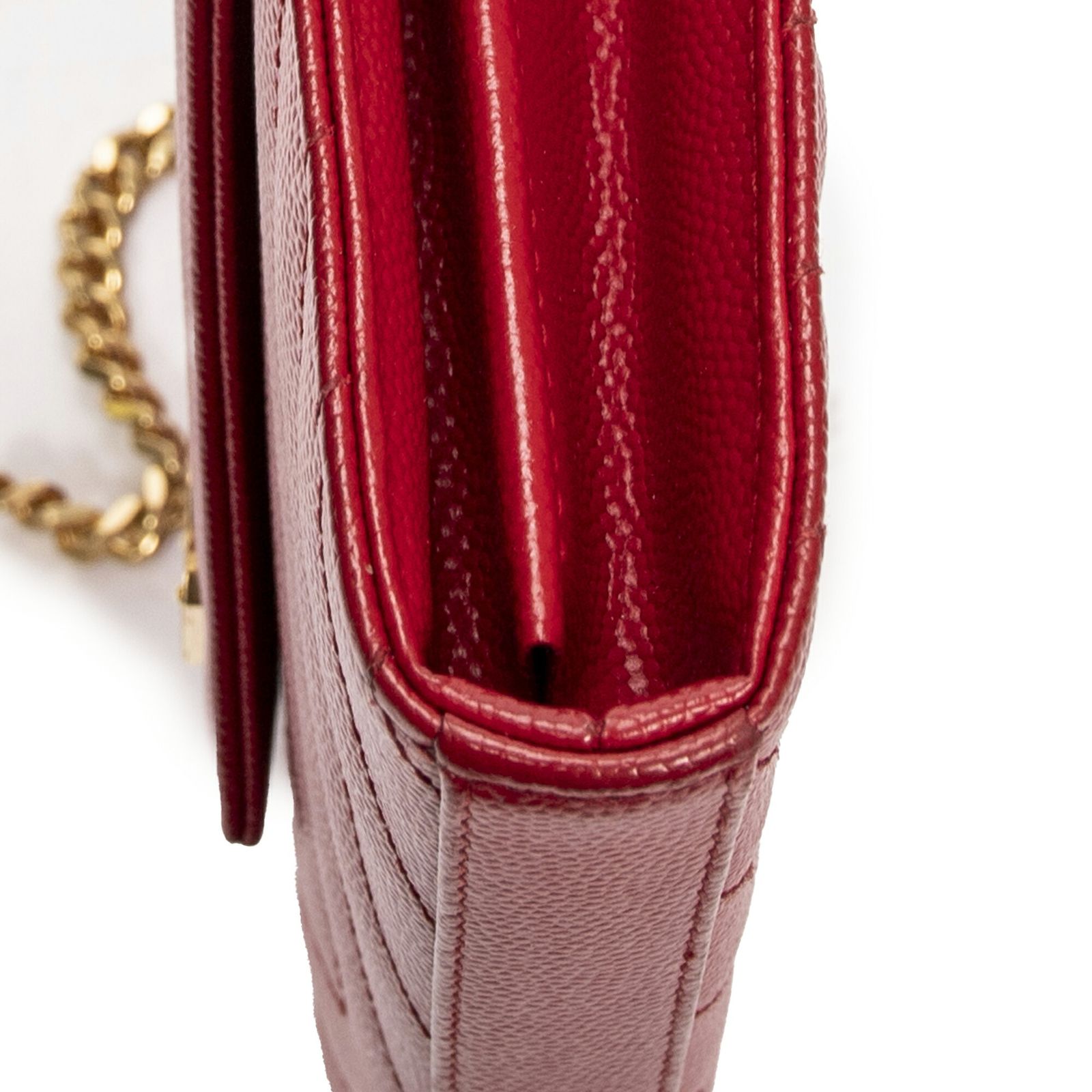 YVES SAINT LAURENT イヴサンローランクラシック カッサンドル チェーン ウォレット赤マトラッセ グレイン ドゥ プードル レザーA DECORATOM_COM_BR