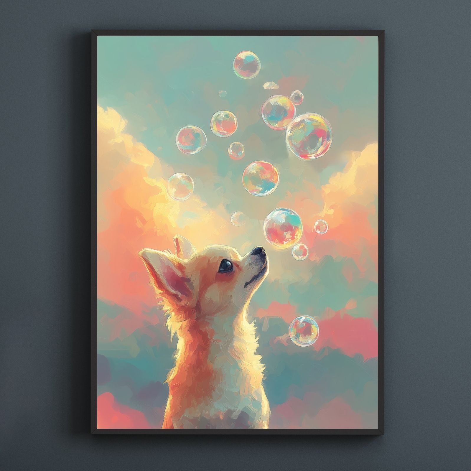 名入れOK 犬とシャボン玉 - チワワ犬 No.1 アートポスター うちの子記念日 ペットロス 北欧 ナチュラル