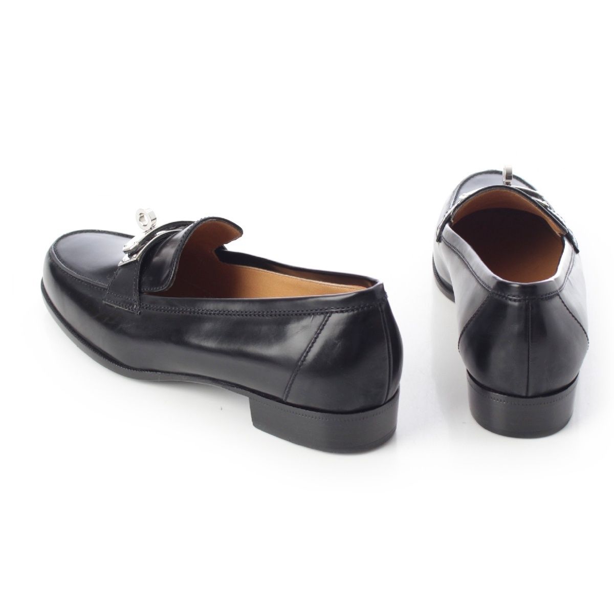 エルメス レザー ケリー金具 ローファー シューズ ブラック×シルバー