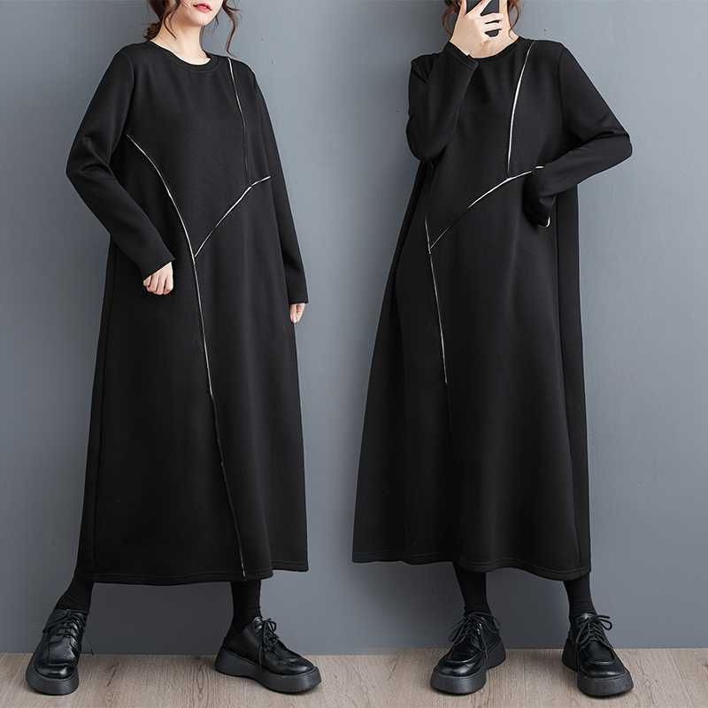 モード系 個性的なデザイン 秋 黒ワンピース 後ファスナー ロング丈 
