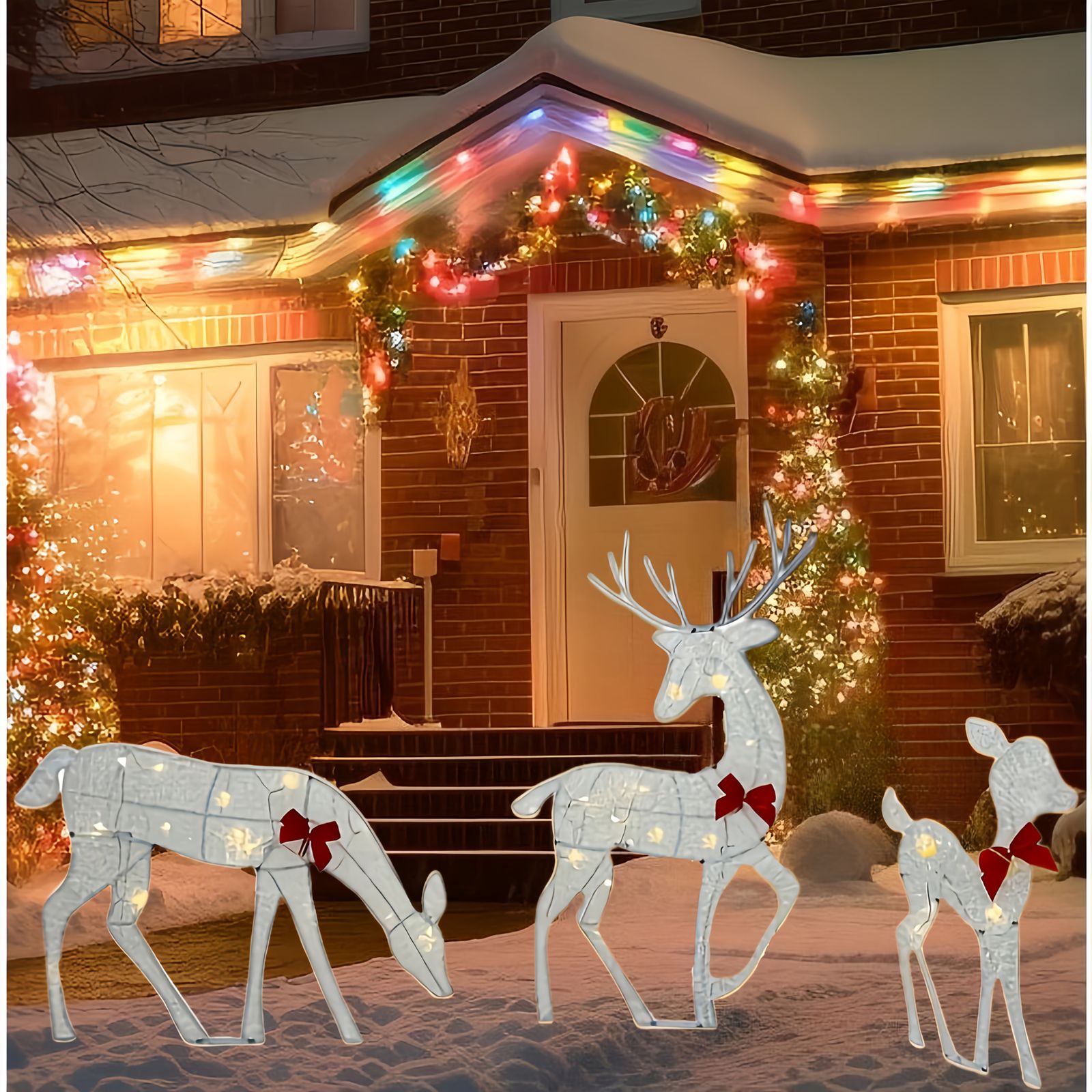 クリスマス癒やしデコレーション リボン付き 光るトナカイ 3頭セット 庭 屋内 屋外兼用 ホリデーギフトに最適 立体装飾 乾電池式LEDライト SKLAD-KIRPICHA_RU