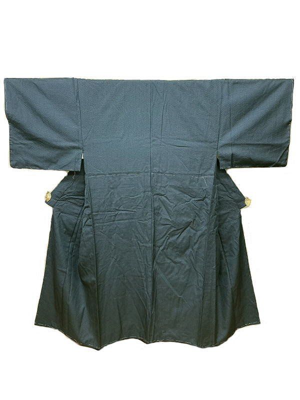 【中古】 裄75 身丈143 紬 交織 墨色地に水色にて亀甲絣文様 袷着物 Lサイズ 