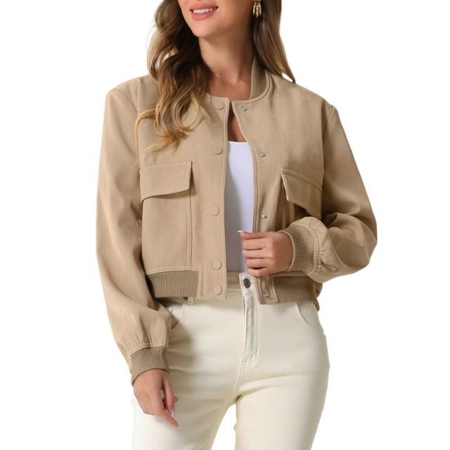 【送料無料】 アレグラ ケー レディース ジャケット・ブルゾン アウター Button Down Bomber Jacket for Women's Stand Collar Long Sleeve Casual Cropped Coat Outwear Kh