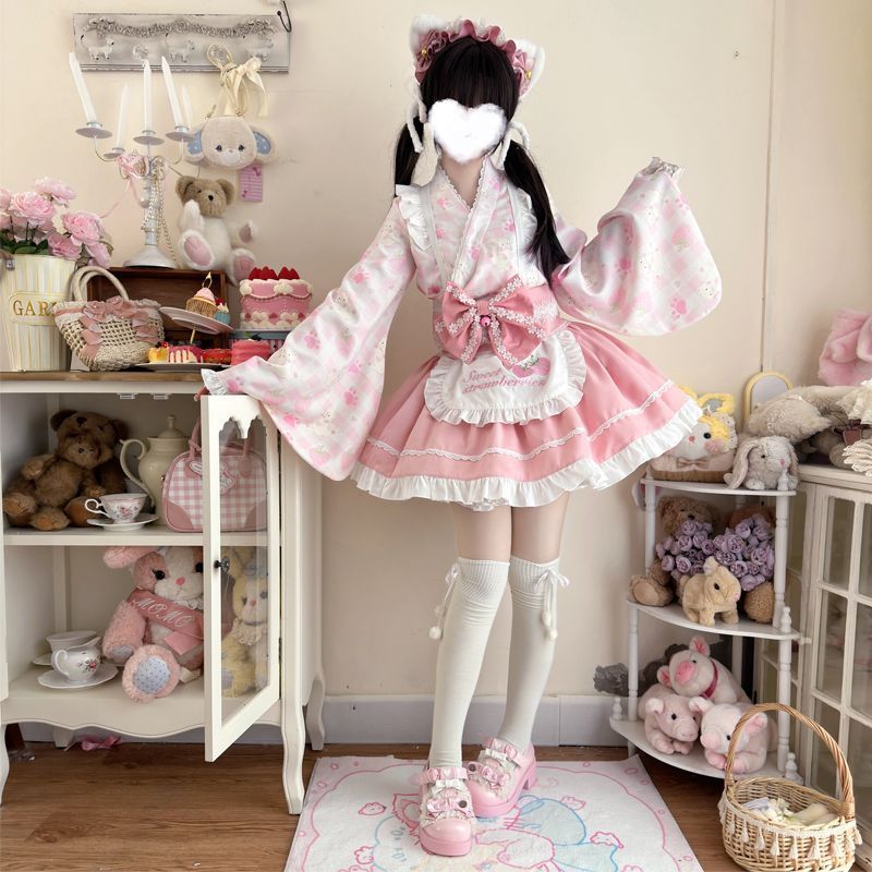 全 夏季 猫モチーフ 和風メイド改良版 ロリータ洋装 上衣＋スカート＋エプロン＋ウエストベルト 蝶結び付き 撮影用 コスプレ ロリータファッション イベント衣装 萌え系 llt48