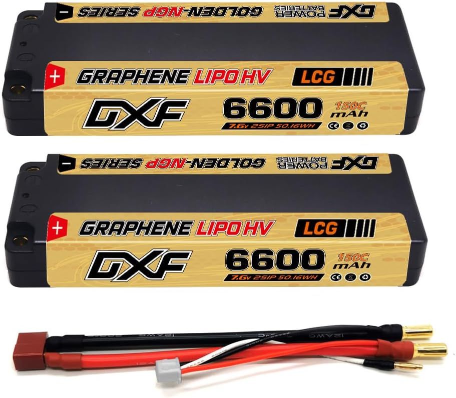 DXF バッテリーの威力解禁！DXF 2PCS 2S 7.6V 150C 6600mAh LCG ハードケーリポ、ラジコン リポバッテリー。5mm弾丸付き、RC1/10車両、トラック、ボートに最適な高性能リチウムポリマー素材のラジコン 