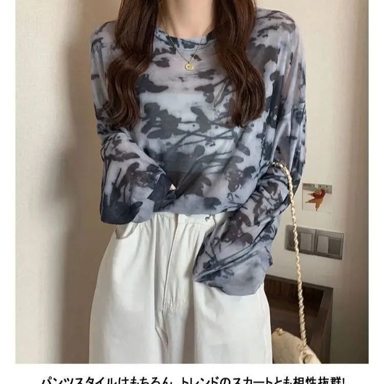 ブルー】シースルー トップス 長袖 Tシャツ タイダイ柄 レディース  