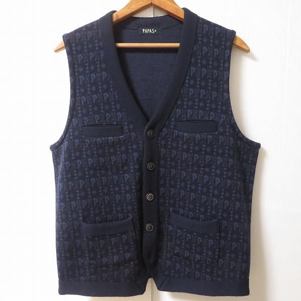 wnc パパスプラス Papas+ ベスト ジレ ニット M 紺 Vネック 刺繍 ロゴ