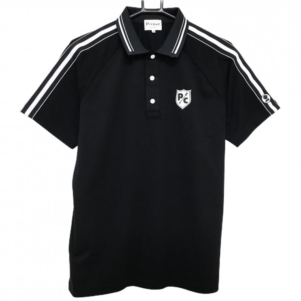 特価【美品】ピッコーネ 半袖ポロシャツ 黒×白 肩・袖ライン ロゴワッペン  メンズ 48(L) ゴルフウェア PICONE