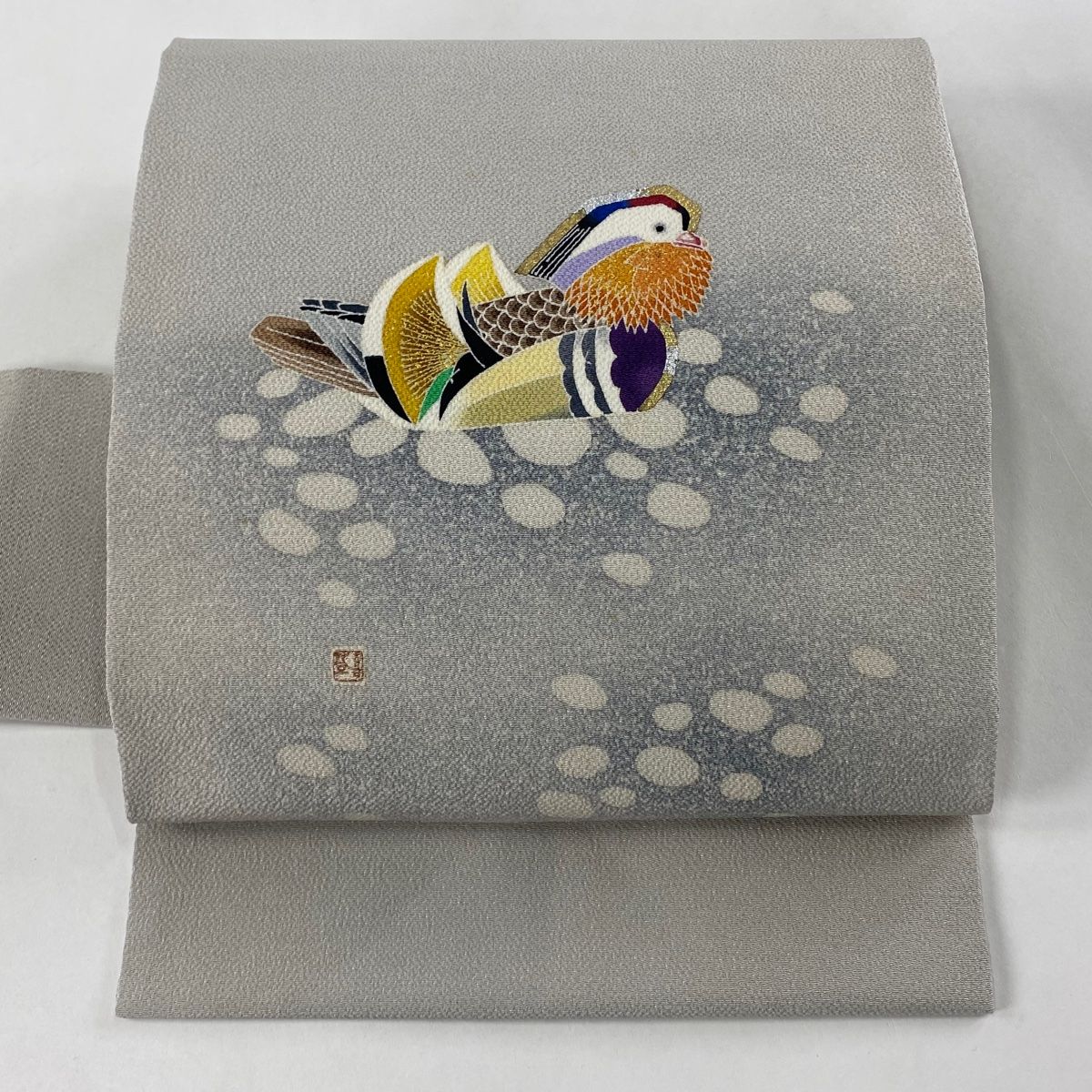 ☆ 夏帯 名古屋帯 手描き 鷺 花柄模様 金銀彩 白青色 O-5098 夏帯 名古屋帯 手描き 鷺 花柄模様 金銀彩 白青色 O-5098