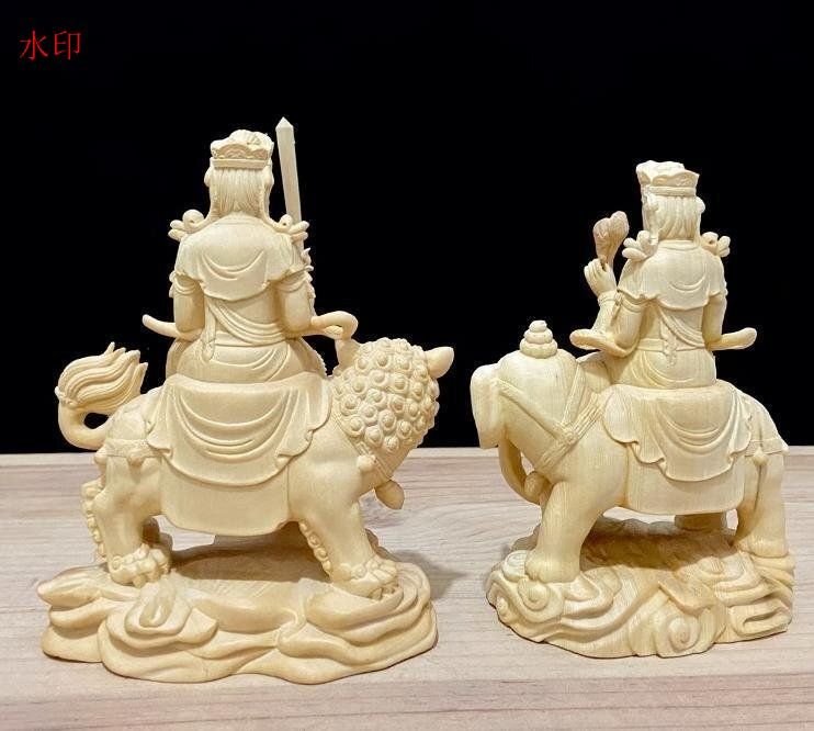 天然木 木彫仏像 文殊菩薩 普賢菩薩 座像 一式 彫刻
