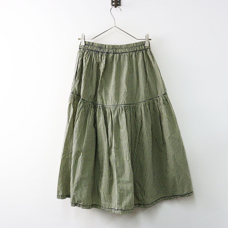 2025 ホームスパン homspun ハイカウントギンガムチェックスカート S イエロー ネイビー コットン ギャザー フ 2400014641400