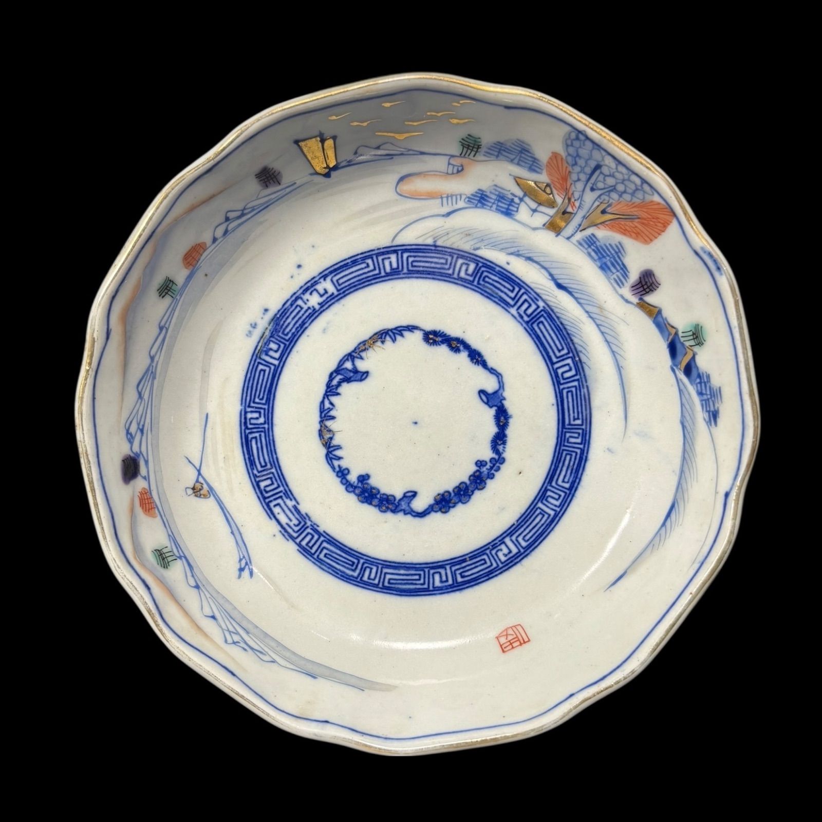 古伊万里　色絵竹鳥図なます皿　五点　蛇の目高台　金襴手　料理屋　収集家放出品 古伊万里 色絵竹鳥図なます皿 五点 蛇の目高台 金襴手 料理