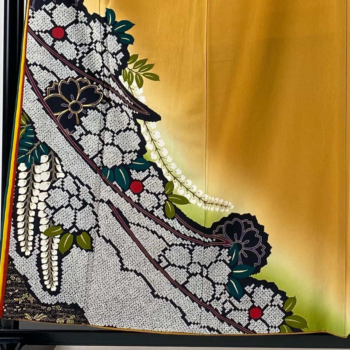 振袖 身丈156.5cm 裄丈63cm S 袷 桜 藤 金糸 金彩 山吹色 正絹 秀品