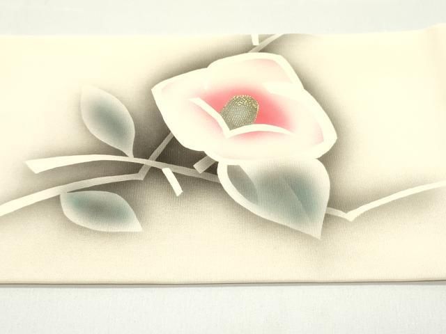 平和屋着物○塩瀬 九寸名古屋帯 手描き 枝椿文 薄卵色 金彩 正絹 逸品