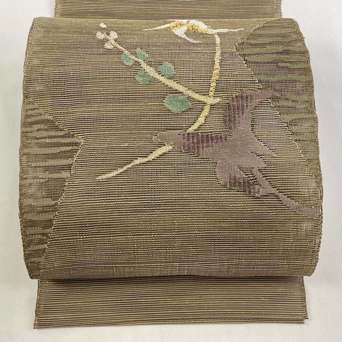 名古屋帯 秀品 夏帯 トンネル仕立て 草花 幾何学模様 箔 薄茶色 正絹