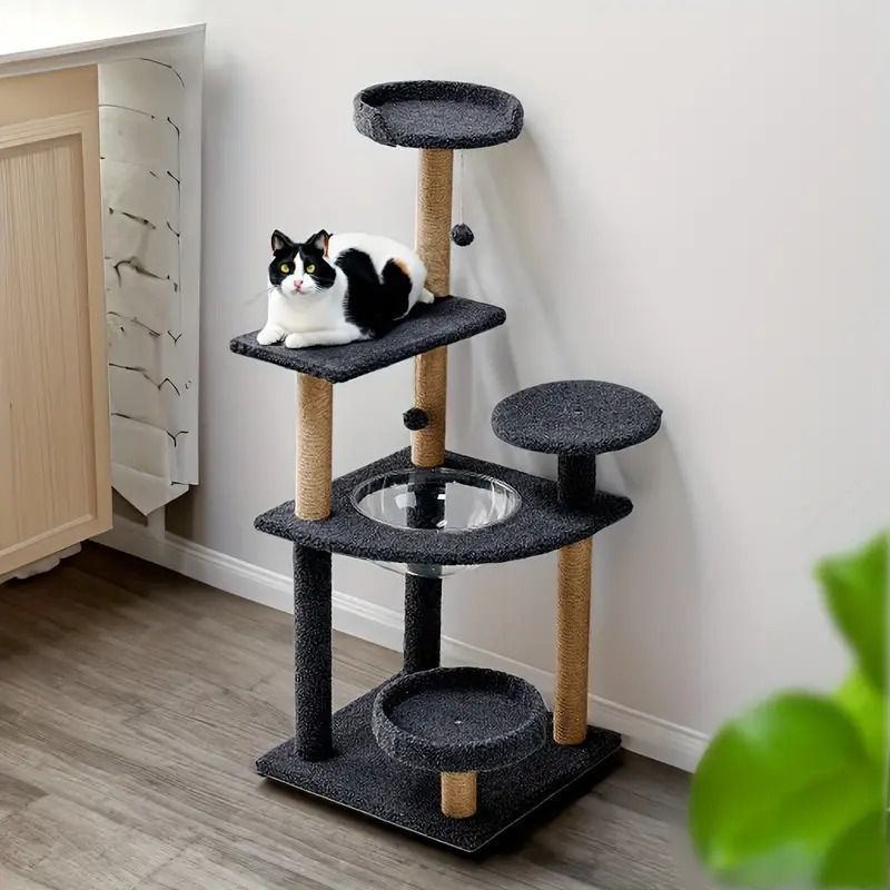 キャットタワー キャットツリー キャットハウス 猫用品 透明カプセル 据え置き 猫タワー 据え置き型 おしゃれ 125cm 麻紐 ファブリック 猫 キャット タワー 爪とぎ キャットハウス