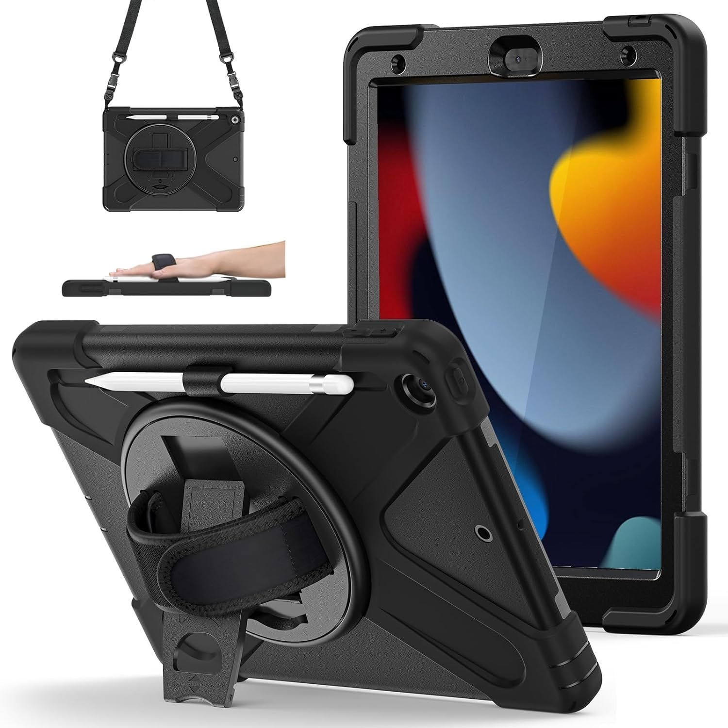 ZenRich iPad 9世代/8世代/7世代 ケース 耐衝撃 保護フィルム付き/ペン収納/360回転スタンド ハンドストラップ/ショルダーストラップ 全面保護カバー ipad 第9世代/第8世代/第7世代 10.2インチ 現場用