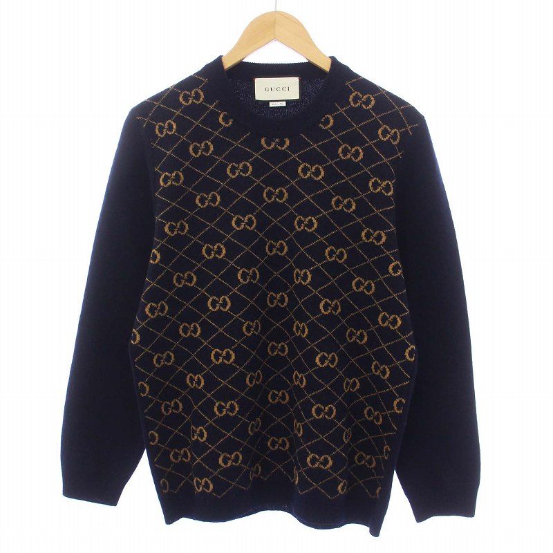 グッチ GUCCI GG柄 ニット セーター 長袖 クルーネック ウールアルパカ S 紺 ネイビー /KH