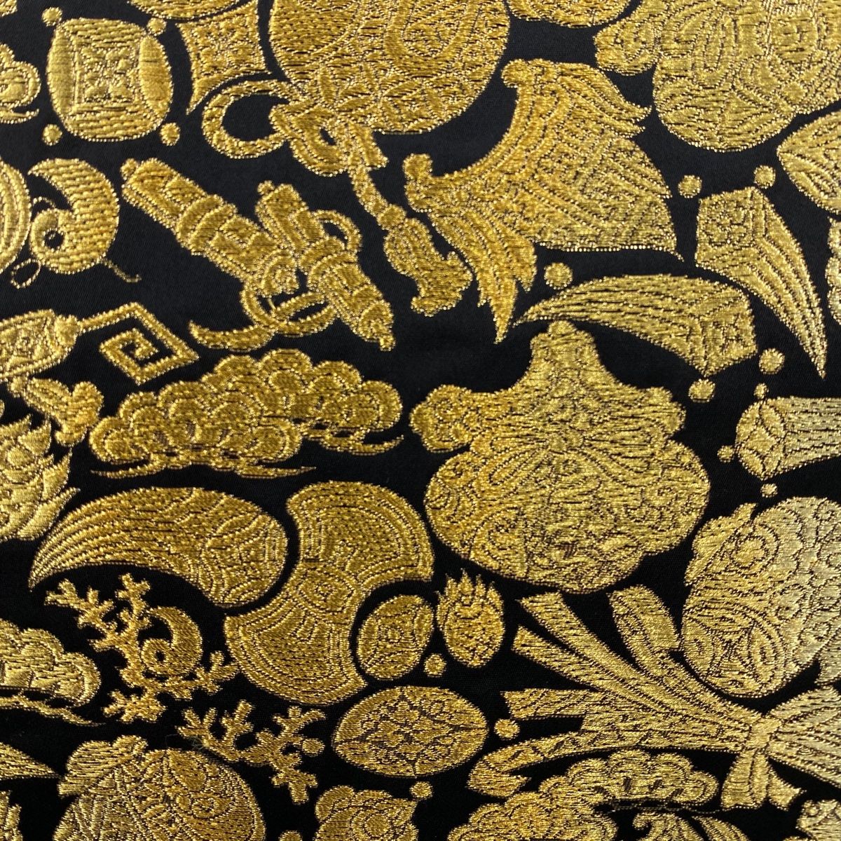 新作グッ 袋帯 秀品 束ね熨斗 宝尽くし 金銀糸 黒 六通 正絹 【中古 着物・浴衣
