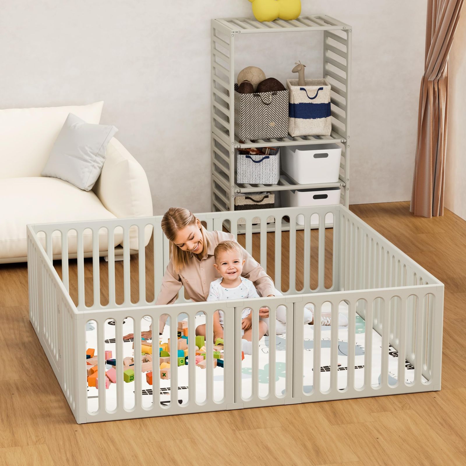 hoopyosms ベビープレイペン 12 パネル セーフティゲート付き 調整 な形状のベビーフェンス 幼児向けアクティビティセンター 安全なプレイヤード 大きなスペースのプレイペン ワードローブ収納棚 室内用 内径180*200cm