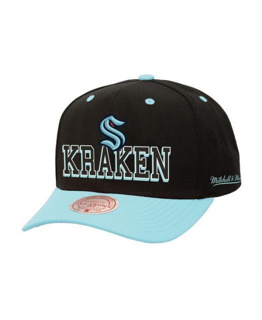 送料無料 ミッチェル-ネス レディース 帽子 アクセサリー Mitchell Ness Men s Black|Light Blue Seattle Kraken Backside Script Two-Tone Pro Crown Adjustable
