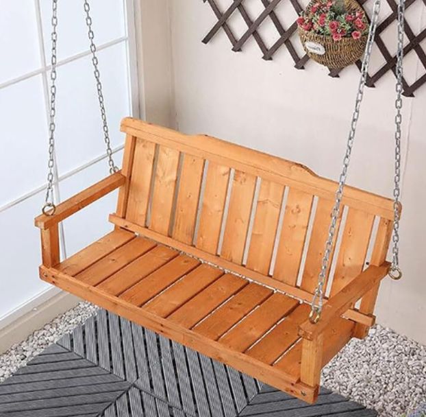 屋外木製ポーチブランコ 二人掛けベンチ 背もたれ付き 大人用 吊り下げチェーンと固定ネジ付き 高耐久700ポンド耐荷重2人用 庭や裏庭用 炭化色 80cm