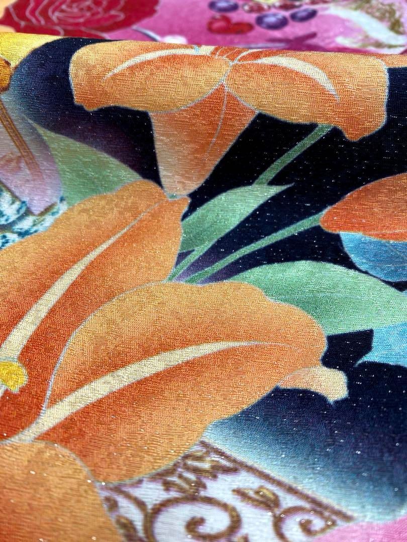 振袖 仮絵羽 舞台衣装 銀通し ラメ刺繍 薔薇 正絹 未仕立て品 八掛付き 
