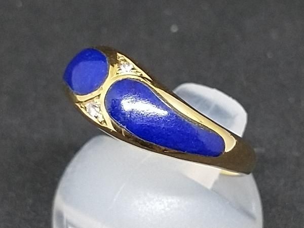 K18 ブルーストーン ダイヤモンド デザインリング 甲丸 ＃12 青石 18K YG 18金 イエローゴールド 指輪