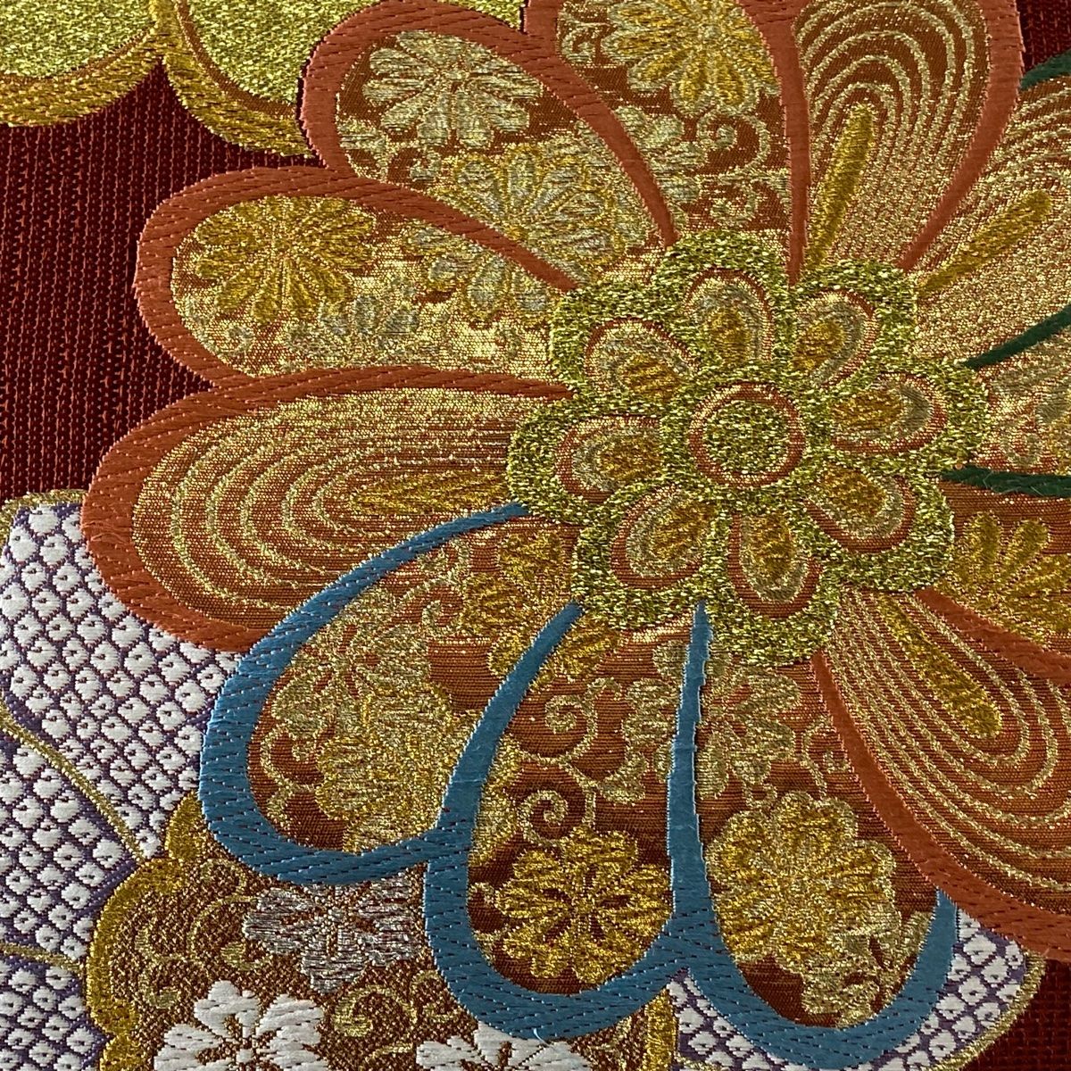 袋帯 美品 秀品 菊 疋田 金銀糸 箔 えんじ色 六通 正絹 【中古