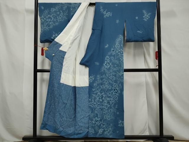 平和屋着物●小林文次郎　訪問着　手描き　更紗花文　鬼しぼ縮緬　正絹　逸品　AAAV7388zg 平和屋着物□小林文次郎 訪問着 藍 更紗花文 鬼しぼ縮緬 正絹