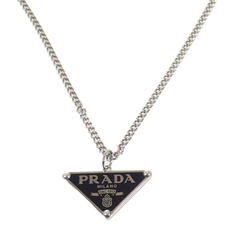 【中古】プラダ PRADA シンボルネックレス 1JC826 ロングネックレス シルバー925 トライアングルロゴ ブラック レディース メンズ ユニセックス【ABランク】