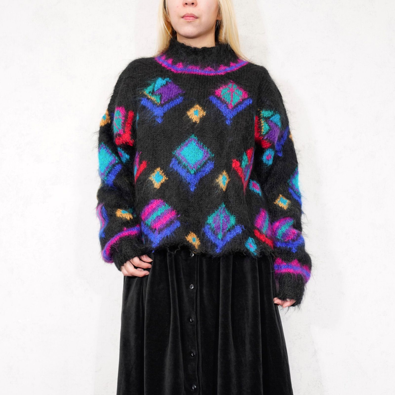 EU VINTAGE ICELANDIC DESIGN PATTERNED DESIGN LONG MOHAIR KNIT|ヨーロッパ古着柄デザインロングモヘアニット