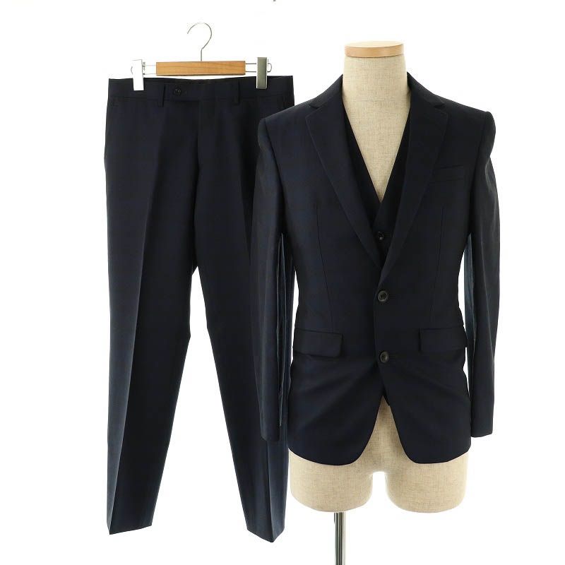 スーツセレクト SUIT SELECT ウール チェック 3ピース スーツ セットアップ 上下 ジャケット パンツ ベスト Y4 165 S 紺 ネイビー SH |SY OS
