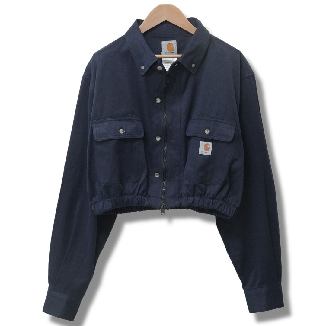 Carhartt 紺色 長袖シャツ　アウター　ジャケット カーハート クロップド丈 シャツ ジャケット L ネイビー 光沢生地