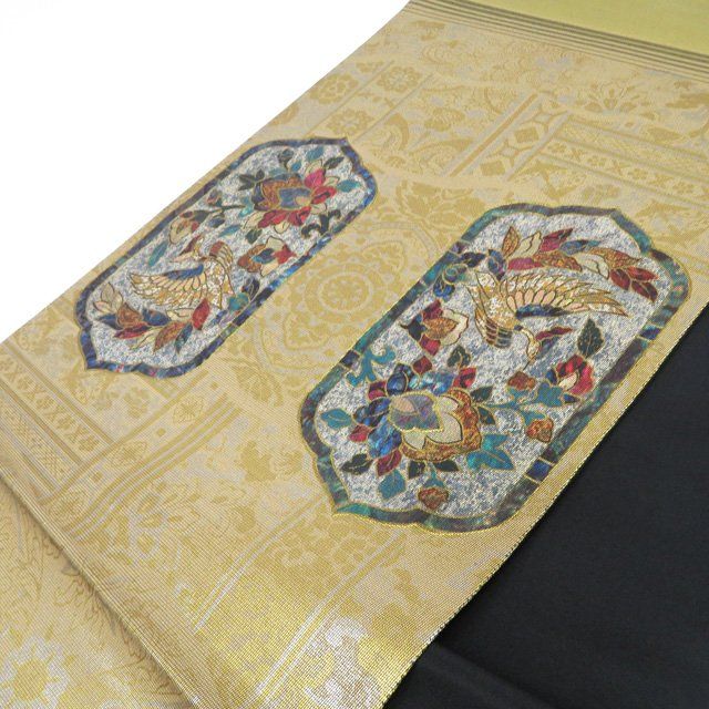 螺鈿細工 袋帯 唐花文様 金彩 正絹 お太鼓柄 Q809 袋帯 美品 秀品 枝花 段ぼかし 金彩 螺鈿 黄土色 お太鼓柄 正絹