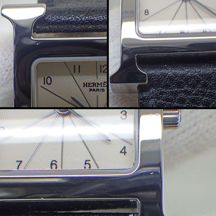 エルメス HERMES 腕時計 Hウォッチ HH1.210 スクエア アイボリー ヴァーグ ギョーシェ文字盤 SS ブラック レザーベルト クオーツアナログ 【中古】 HERMES - エルメス HERMES 腕時計 Hウォッチ HH1.210 スクエア