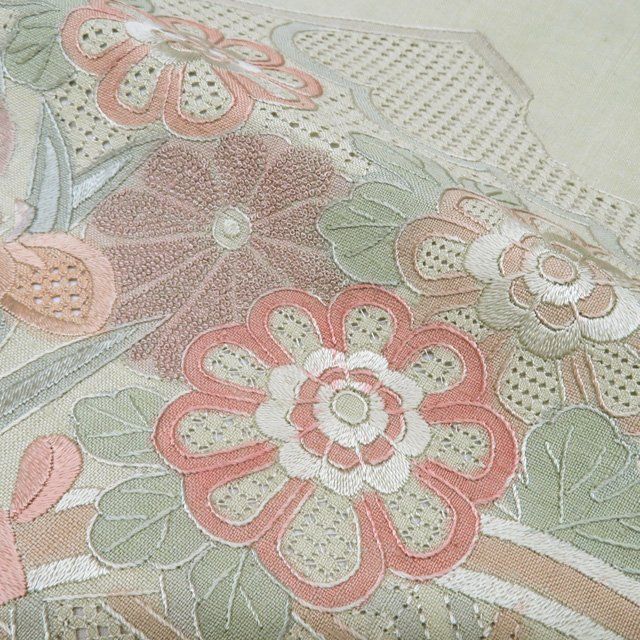 袋帯 中古 リサイクル 正絹 紬地 カジュアル お太鼓柄 汕頭刺繍